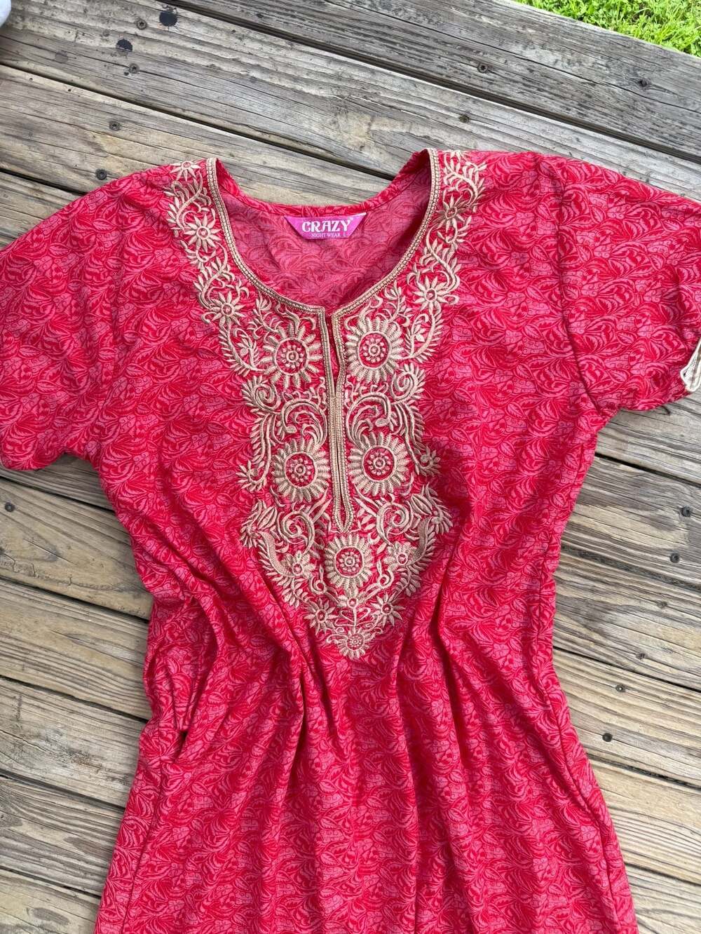 Crazy Nightwear Pink Floral Embroidered Neckline Nightgown